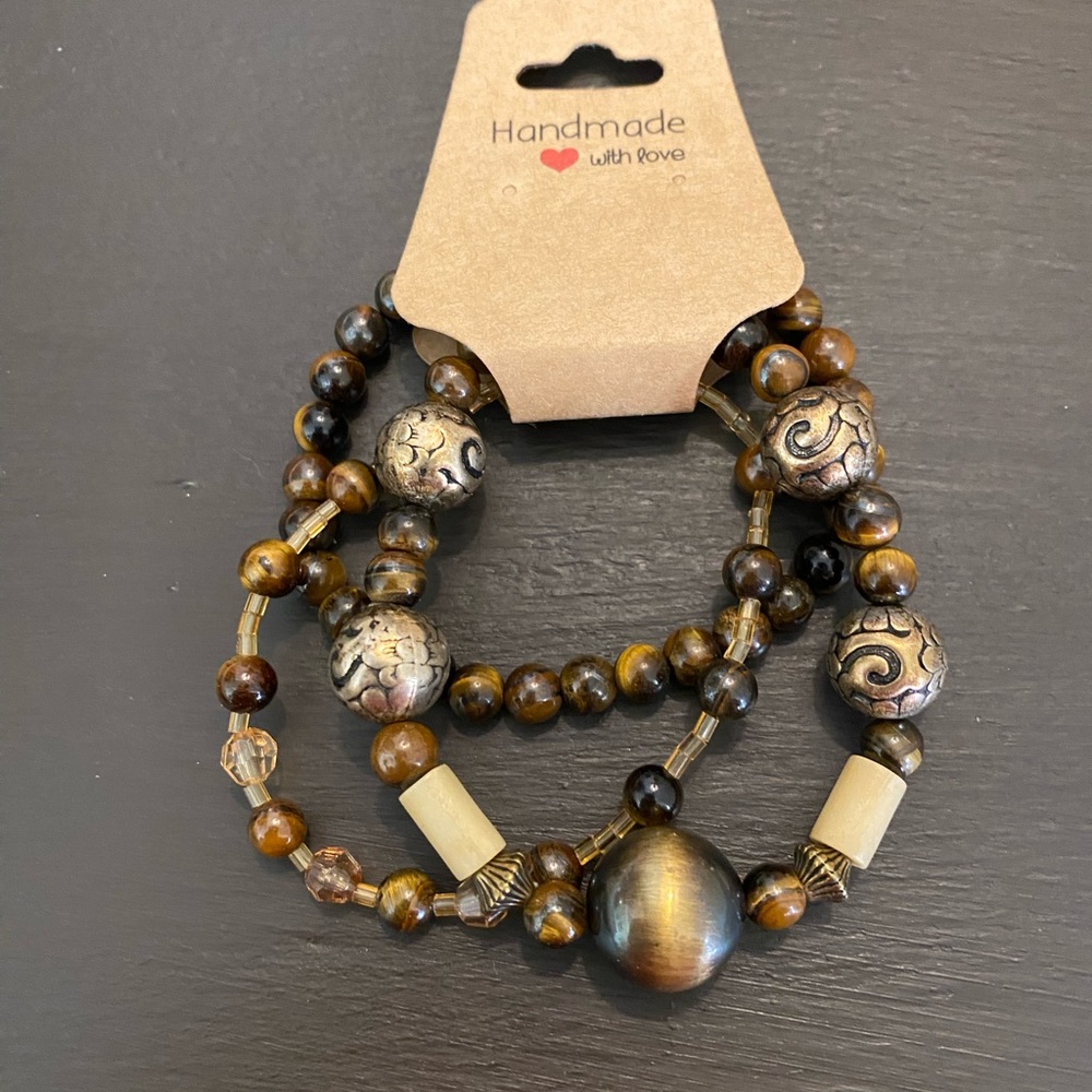 Brown and Gold tone stackable 7” beaded bracelets